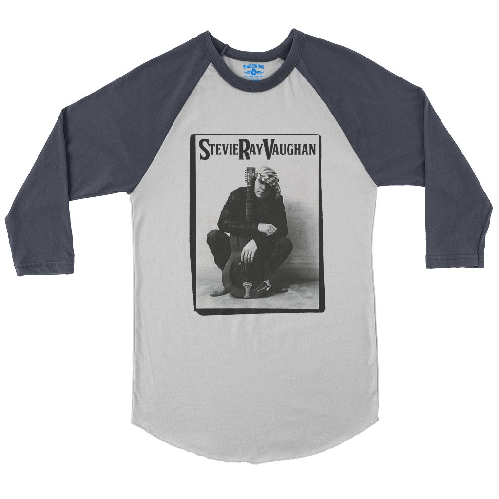 Candid Stevie Ray Vaughan Resonator Baseball T-Shirt in White Navy