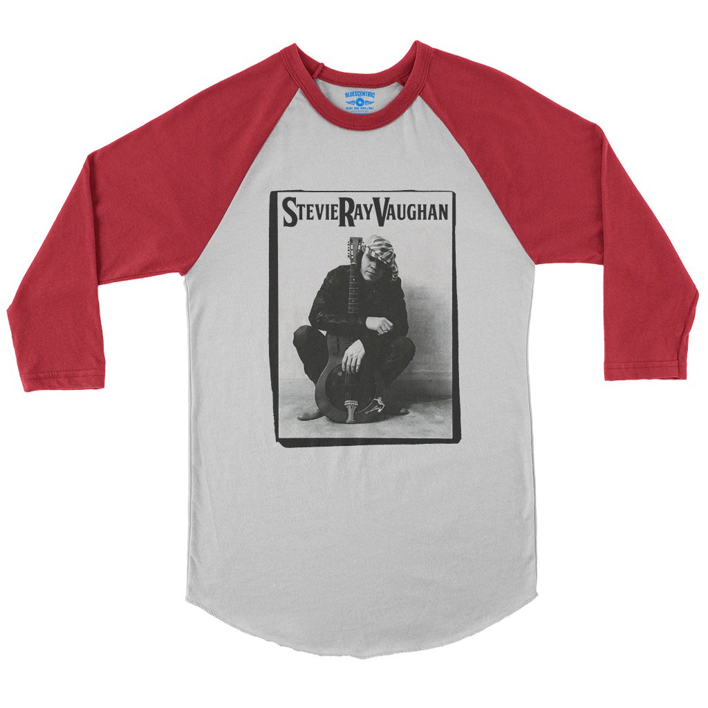 Candid Stevie Ray Vaughan Resonator Baseball T-Shirt in White Red