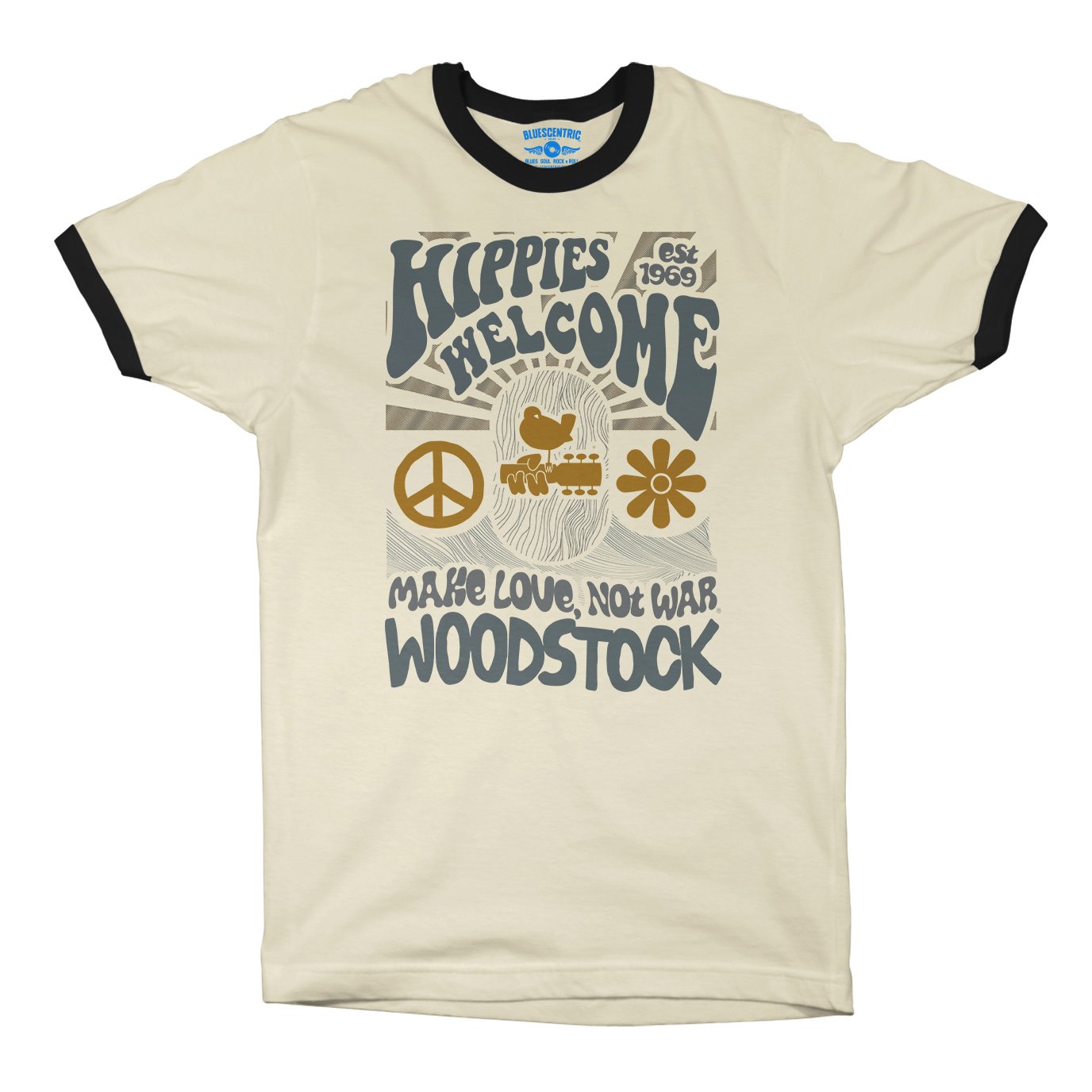 Hippies Welcome Love Woodstock Ringer T-Shirt in Natural Black