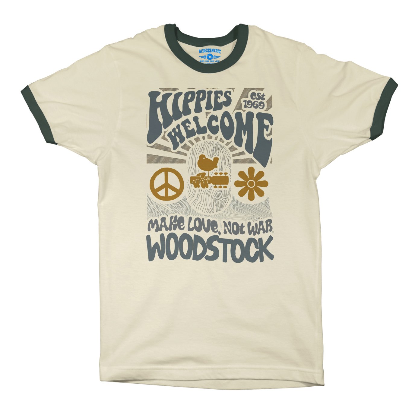 Hippies Welcome Love Woodstock Ringer T-Shirt in Natural Forest Green