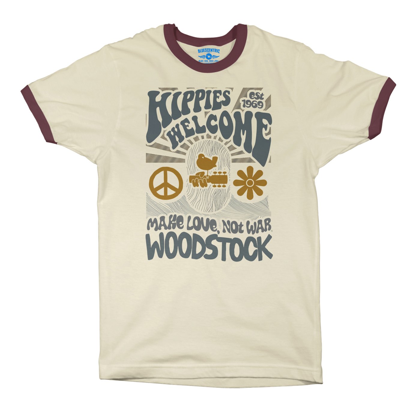 Hippies Welcome Love Woodstock Ringer T-Shirt in Natural Maroon