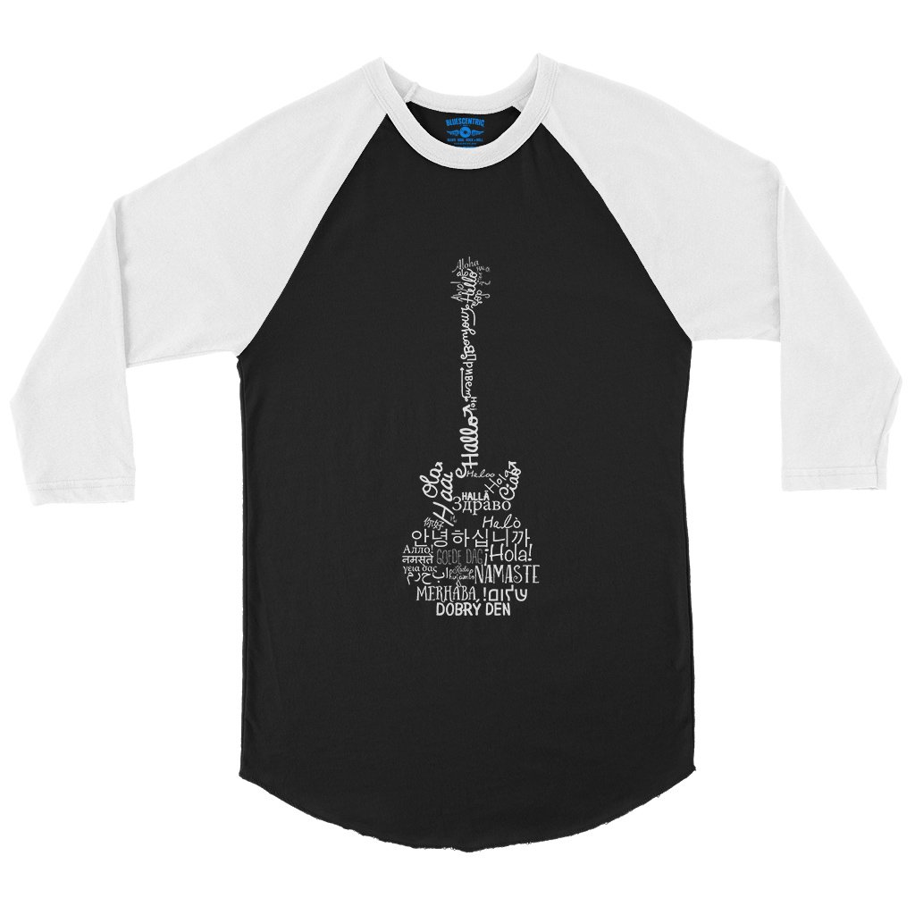 Music is Universal Guitar Baseball T-Shirt in Black White