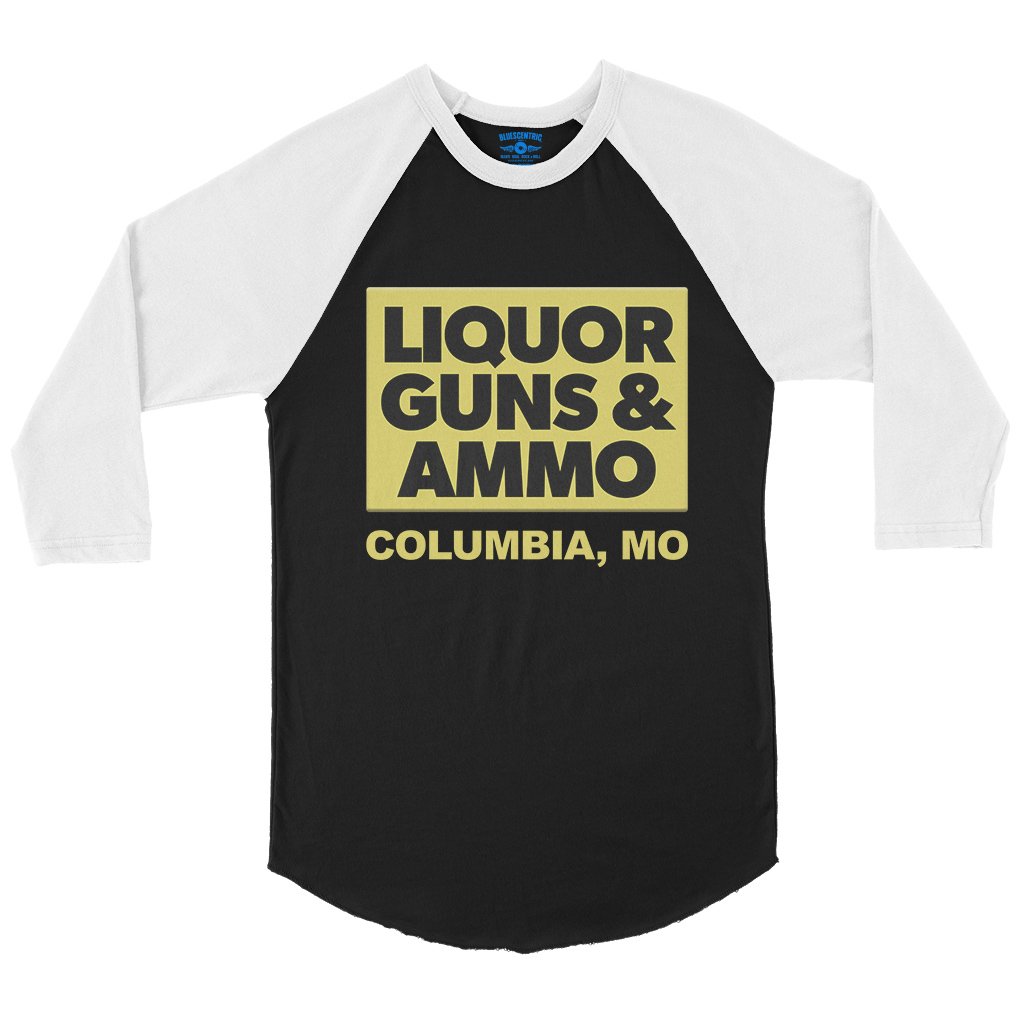 Liquor Guns and Ammo Baseball T-Shirt in Black White