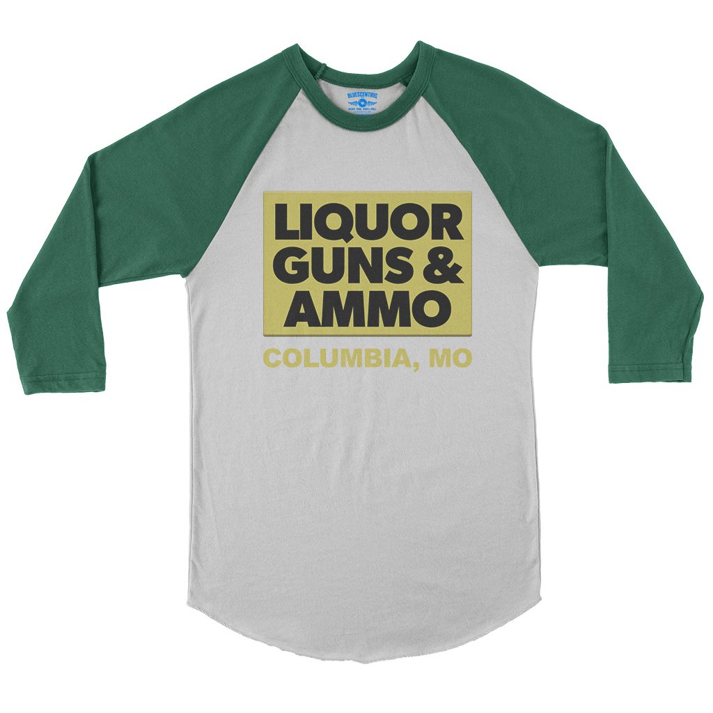 Liquor Guns and Ammo Baseball T-Shirt in White Kelly