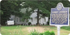 A Blues Trail Marker at Robert Johnson's final resting place in Greenwood, Mississippi