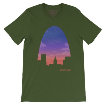 St Louis Arch Evening Sky T-Shirt - Lightweight Vintage Style - Olive