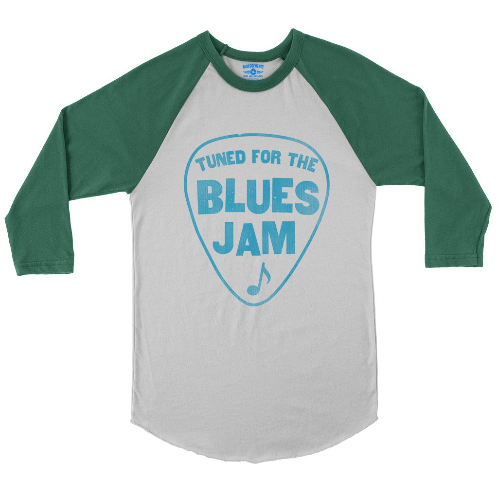 Tuned for the Blues Jam Baseball T-Shirt in White Kelly