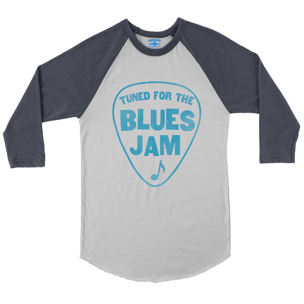 Tuned for the Blues Jam Baseball T-Shirt in White Navy