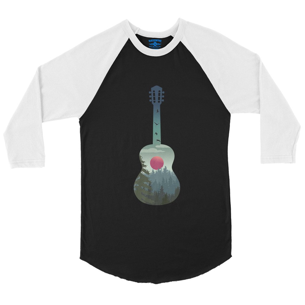 Guitar Pines Outdoors Baseball T-Shirt in Black White