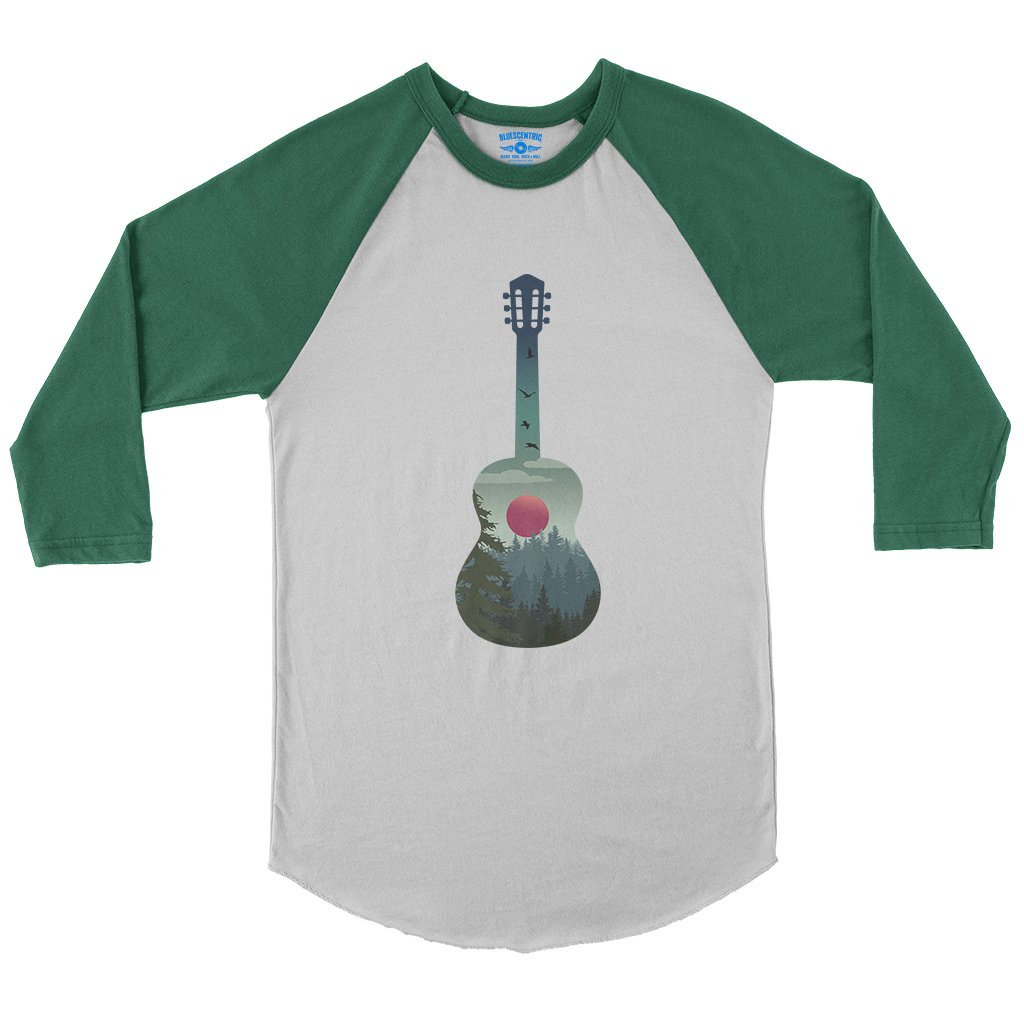 Guitar Pines Outdoors Baseball T-Shirt in White Kelly