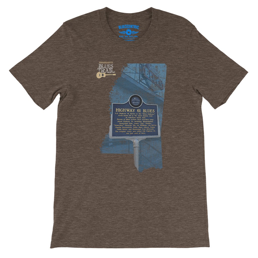Highway 61 Blues Trail Marker T-Shirt - Lightweight Vintage Style - Heather Brown