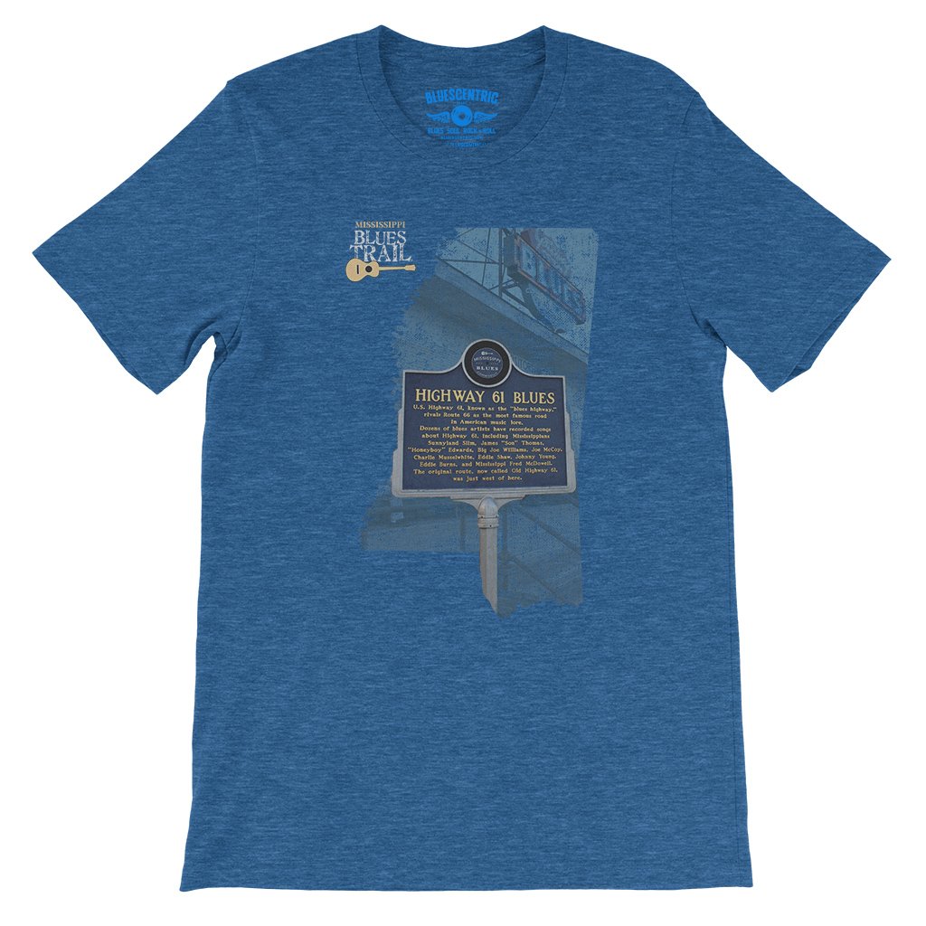 Highway 61 Blues Trail Marker T-Shirt - Lightweight Vintage Style - Heather True Royal