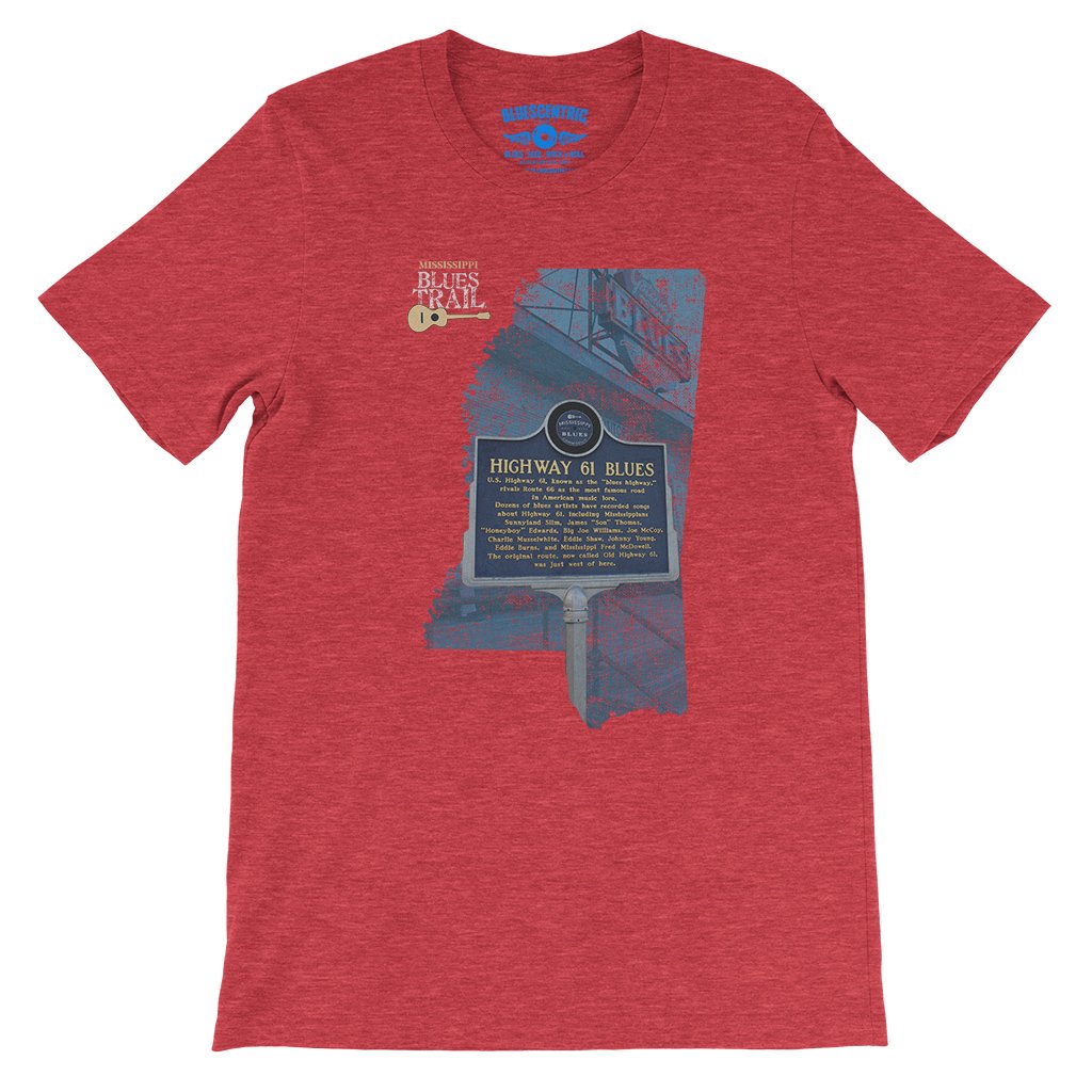 Highway 61 Blues Trail Marker T-Shirt - Lightweight Vintage Style - Heather Red