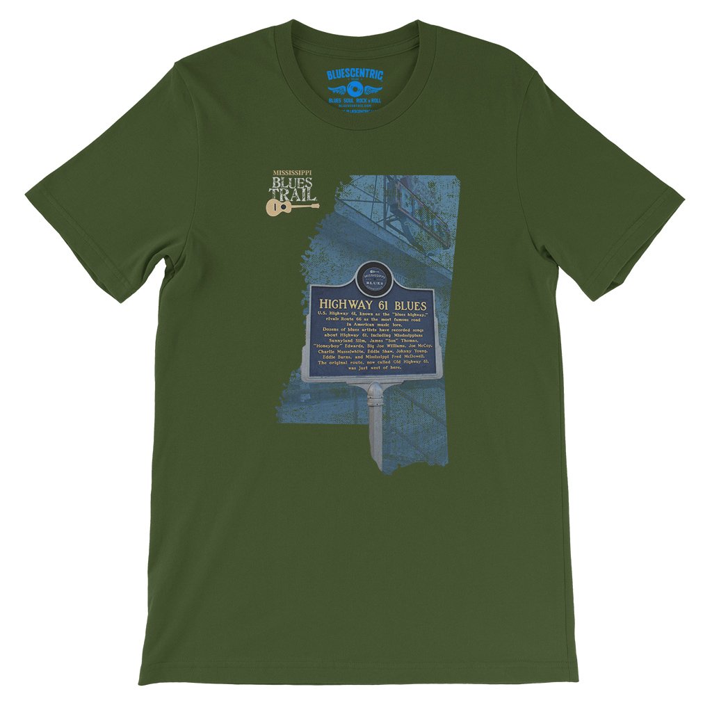 Highway 61 Blues Trail Marker T-Shirt - Lightweight Vintage Style - Olive