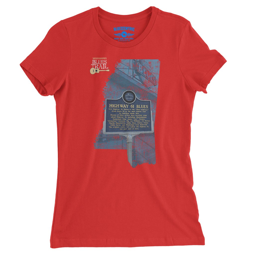 Highway 61 Blues Trail Marker Ladies T-Shirt - Relaxed Fit - Red