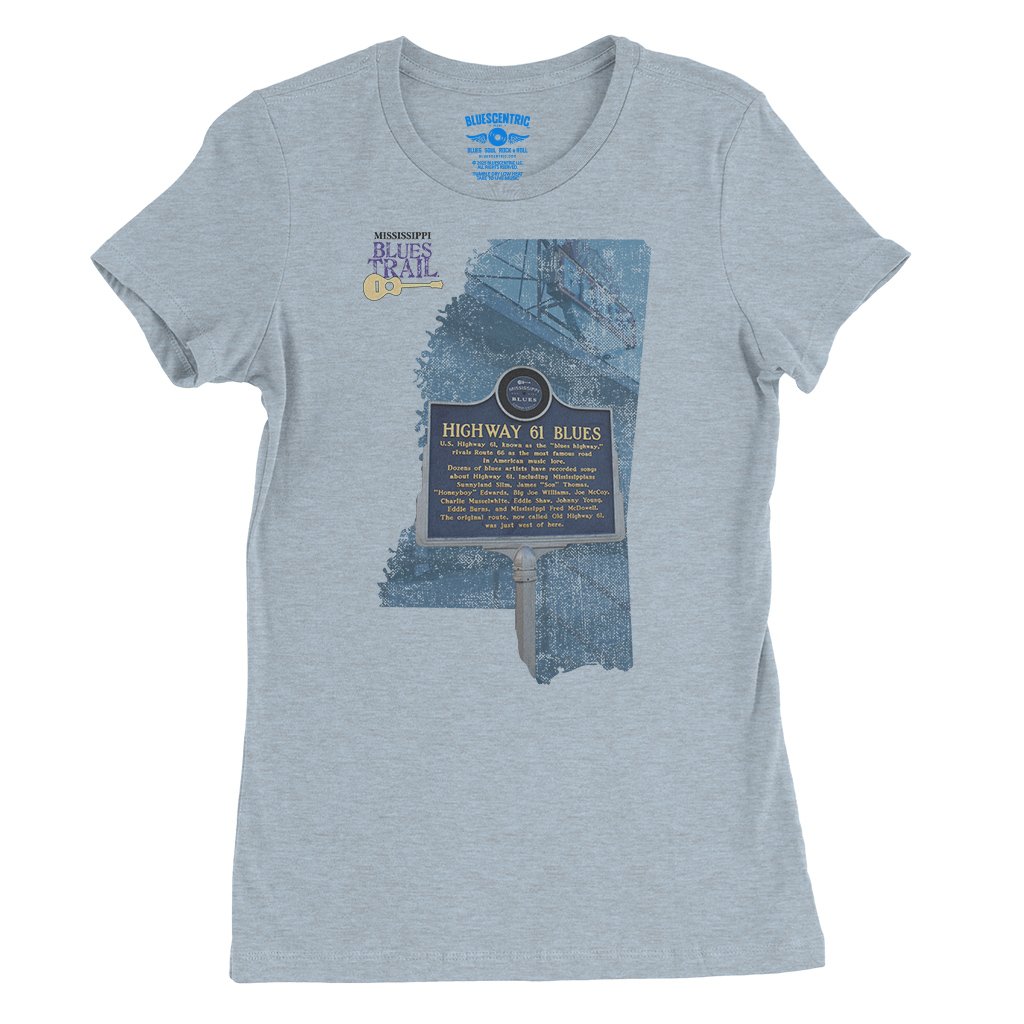 Highway 61 Blues Trail Marker Ladies T-Shirt - Relaxed Fit - Heather Prism Blue