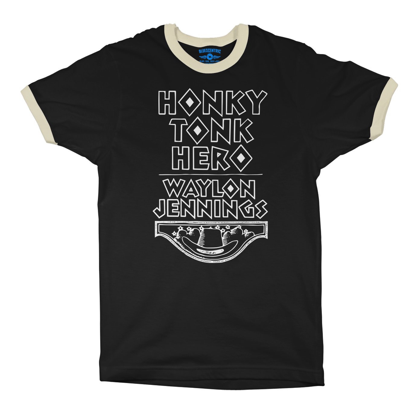 Waylon Jennings Honky Tonk Hero Ringer T-Shirt - Black-Cream