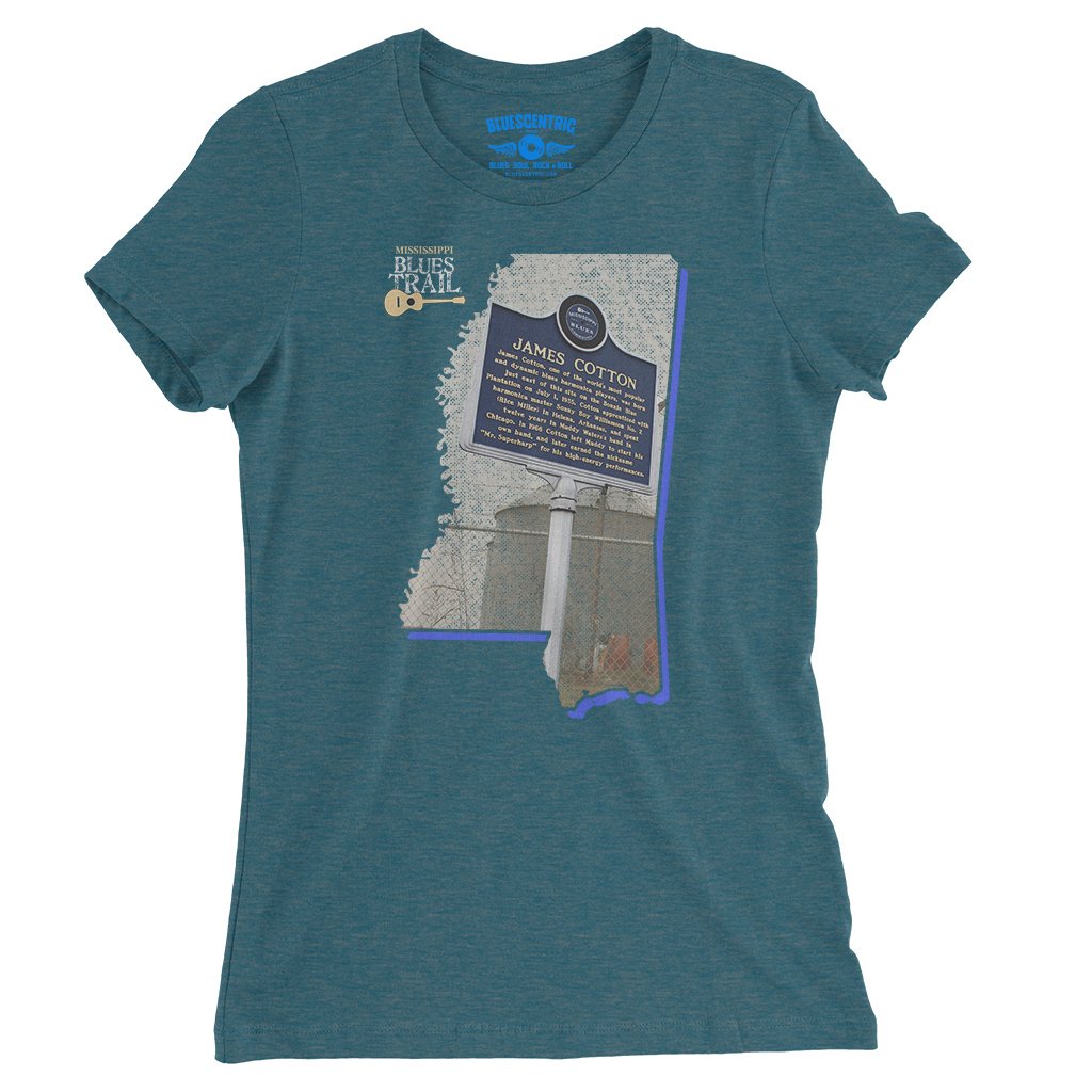 James Cotton Mississippi Blues Trail Ladies T-Shirt - Relaxed Fit - Heather Deep Teal