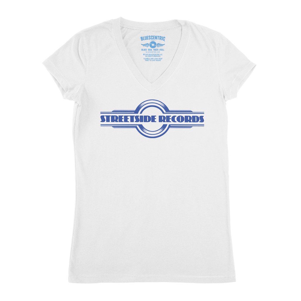 Vintage Streetside Record Store V-Neck T Shirt - Women's - White