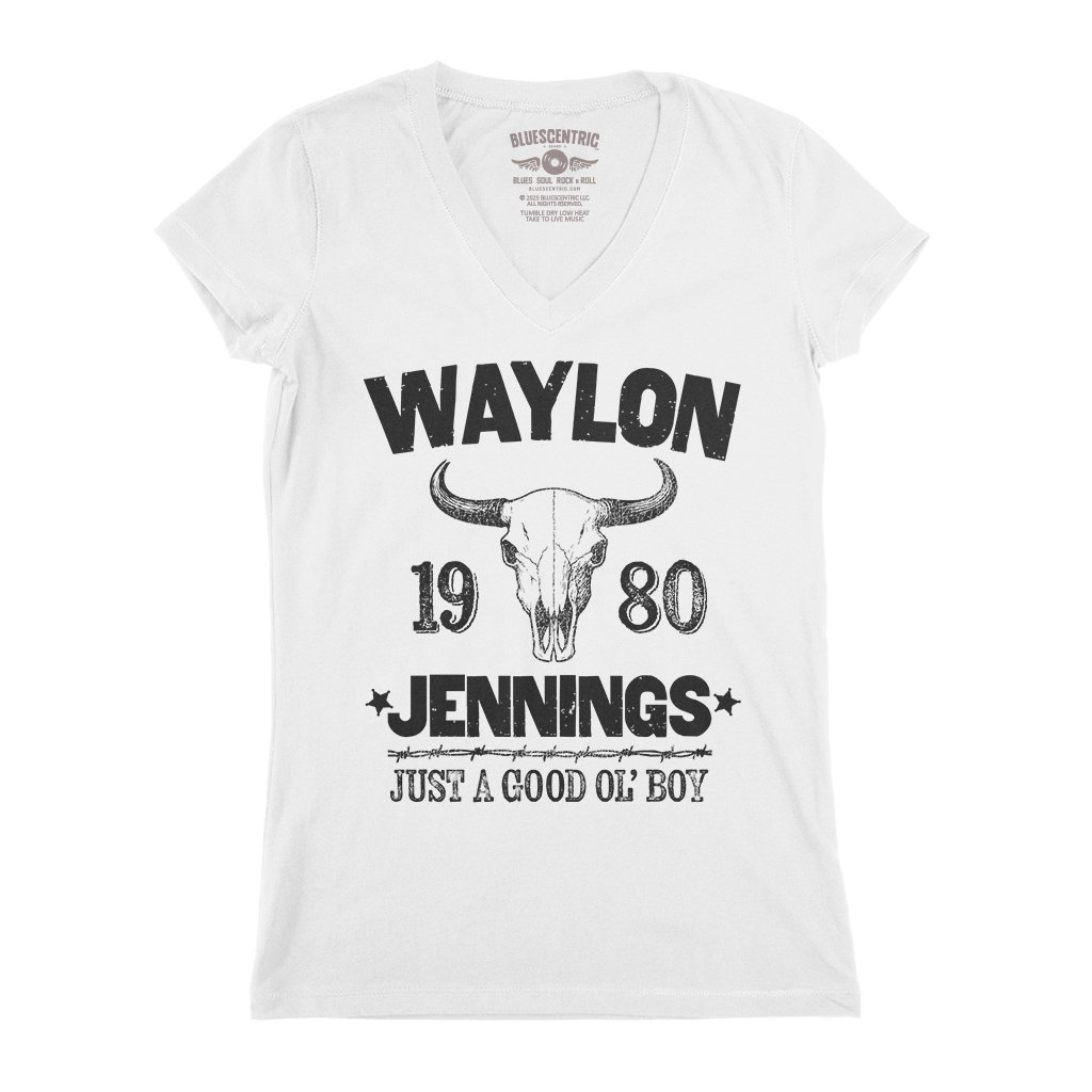 Waylon Jenning Good Ol Boy V-Neck T Shirt - Women's - White