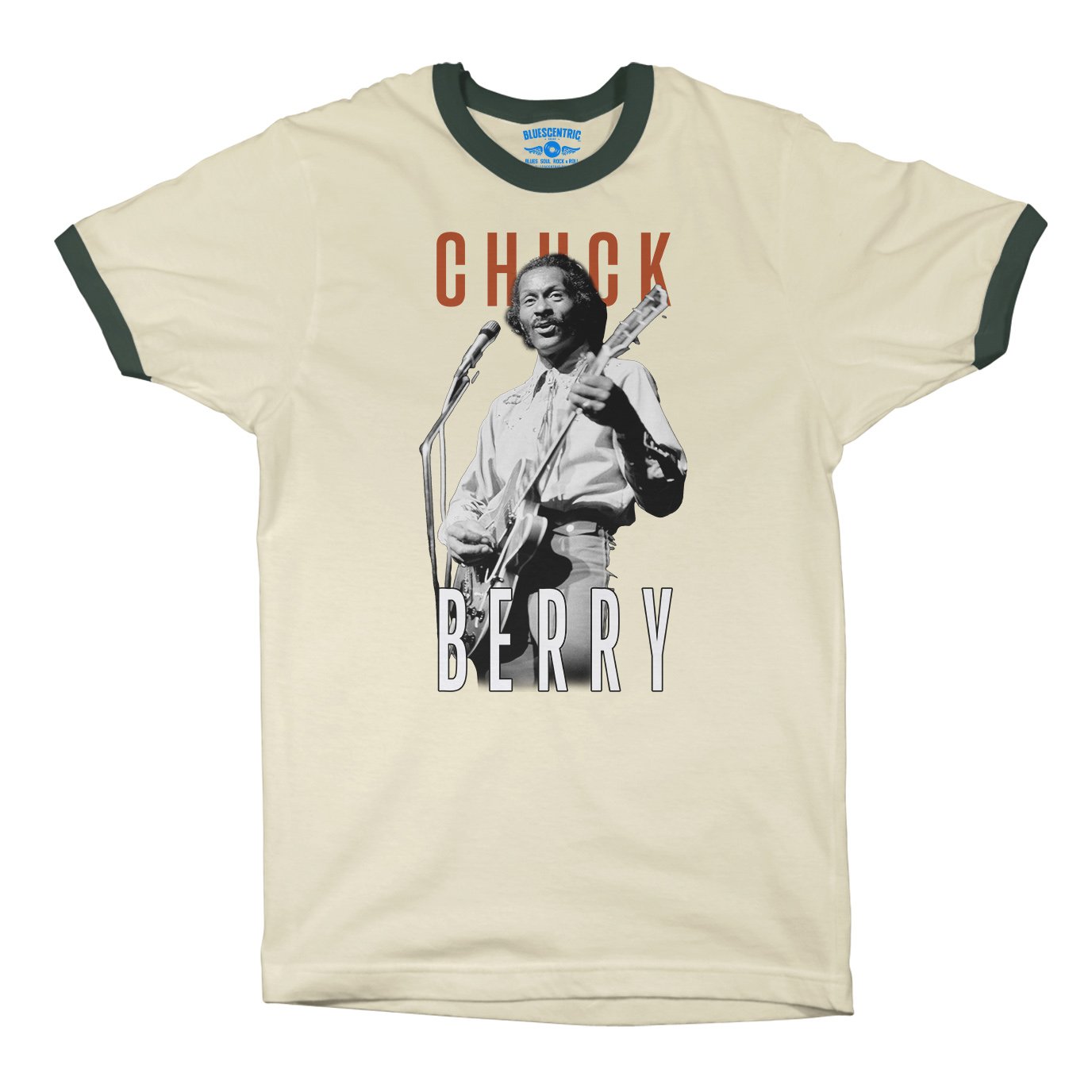 Graphic Chuck Berry Guitar Ringer T-Shirt in Natural Forest Green