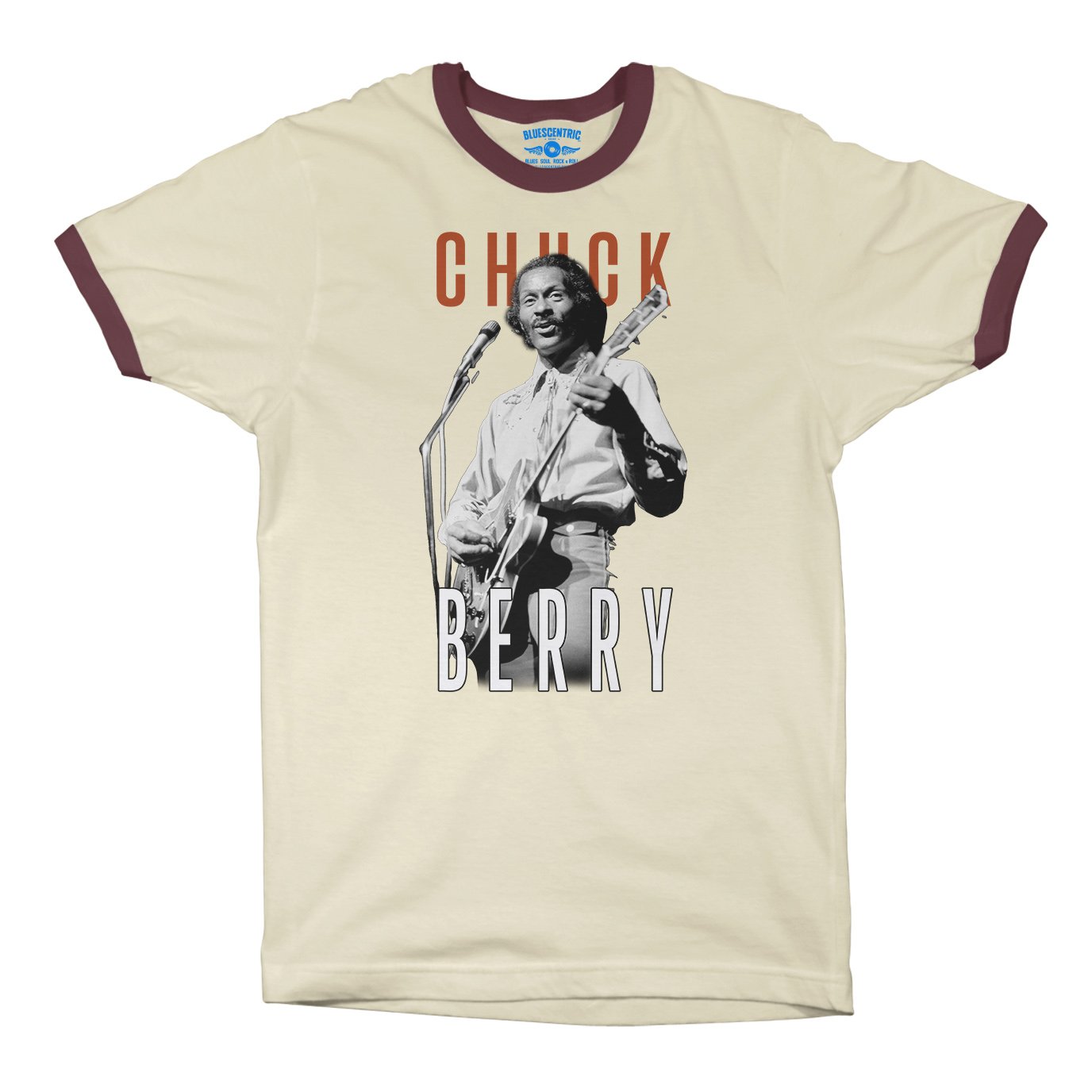 Graphic Chuck Berry Guitar Ringer T-Shirt in Natural Maroon