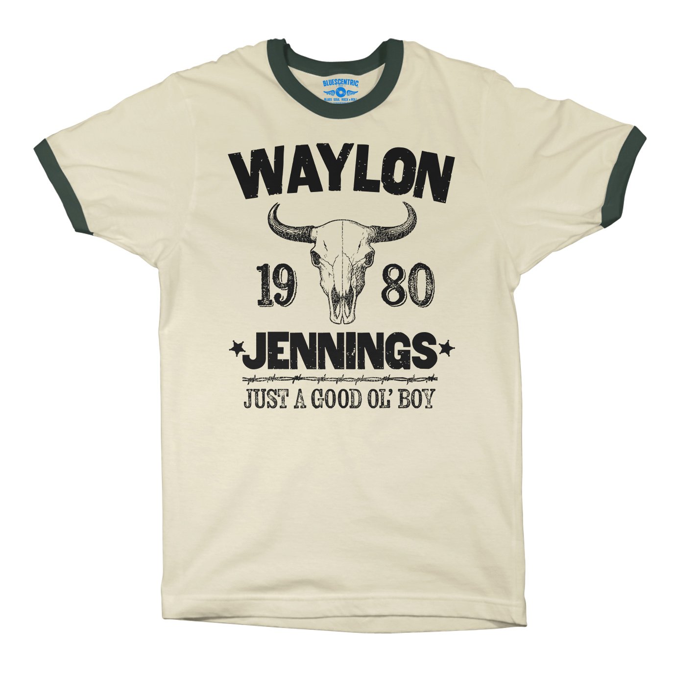 Waylon Jenning Good Ol Boy Ringer T-Shirt in Natural Forest Green