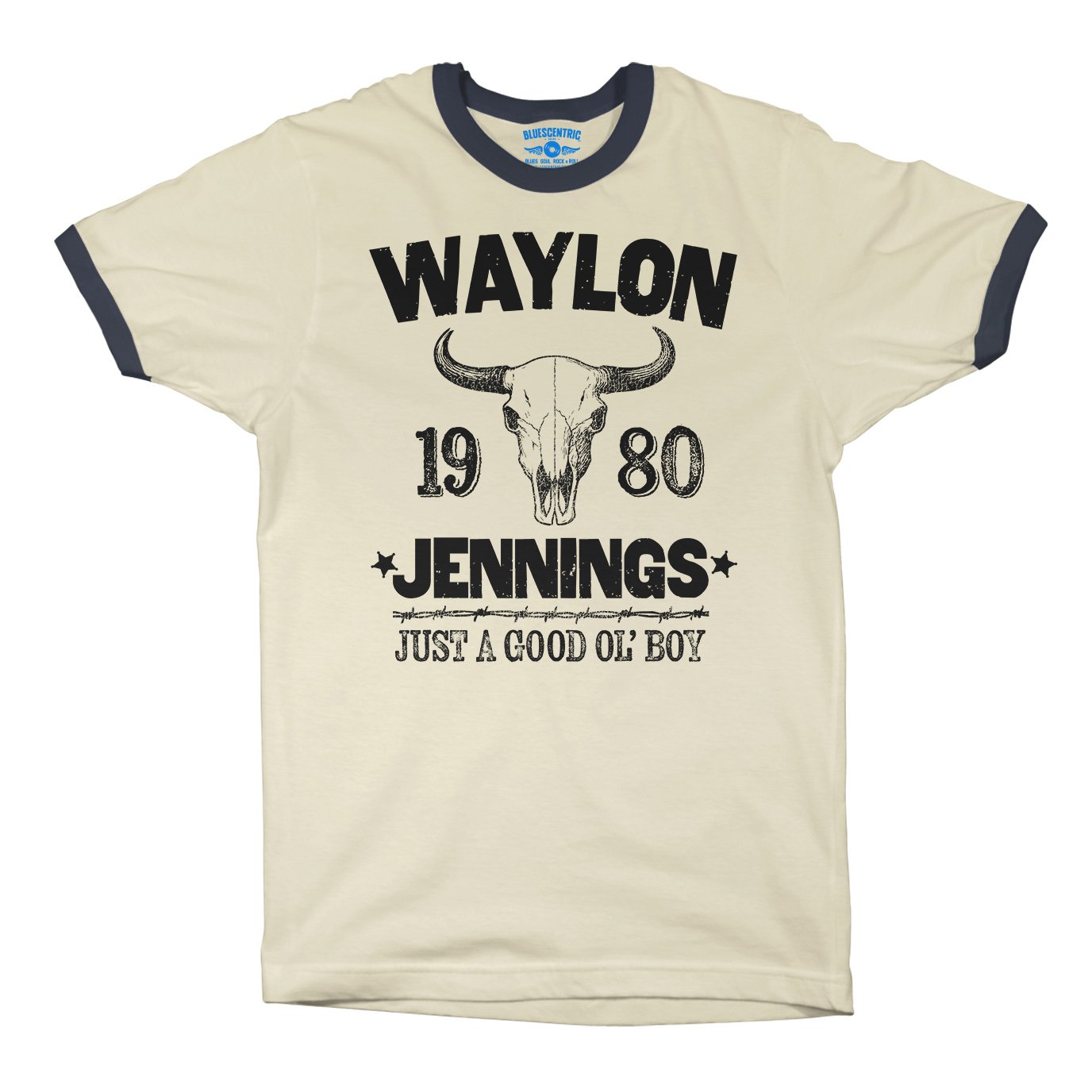 Waylon Jenning Good Ol Boy Ringer T-Shirt in Natural Midnight Navy