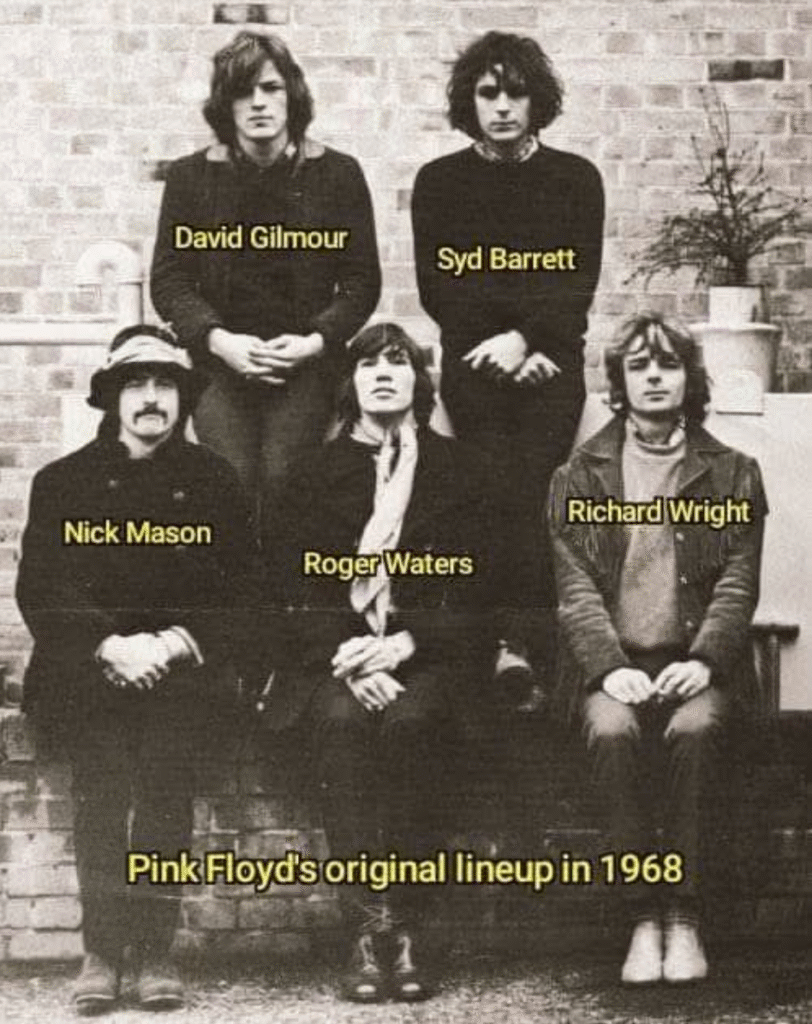 Pink Floyd band members in 1968: Syd Barrett, Roger Waters, David Gilmour, Richard Wright and Nick Mason