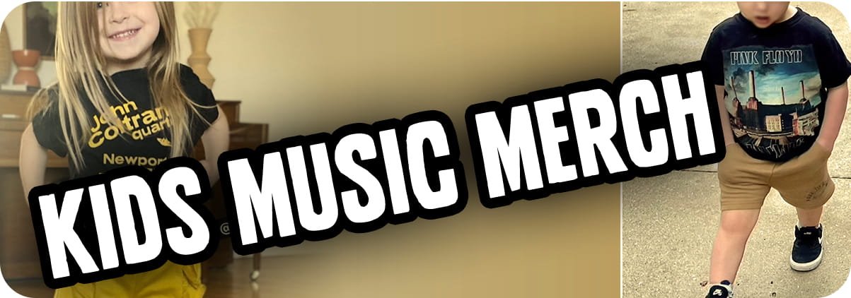 Kids music merchandise including band t shirts and baby onesies