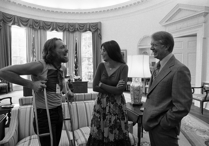 Willie Nelson on Crutches in a Sleeveless Shirt at The White House with Jimmy Carter