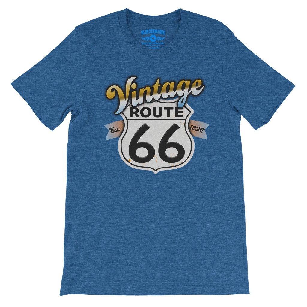 Vintage Route 66 T-Shirt - Lightweight Vintage Style - Heather True Royal