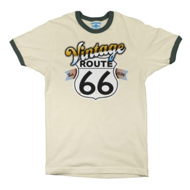 Vintage Route 66 Ringer T-Shirt - Natural Forest Green