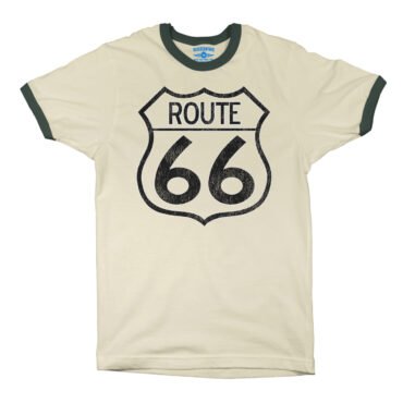 Distressed Route 66 Ringer T-Shirt - Natural Forest Green