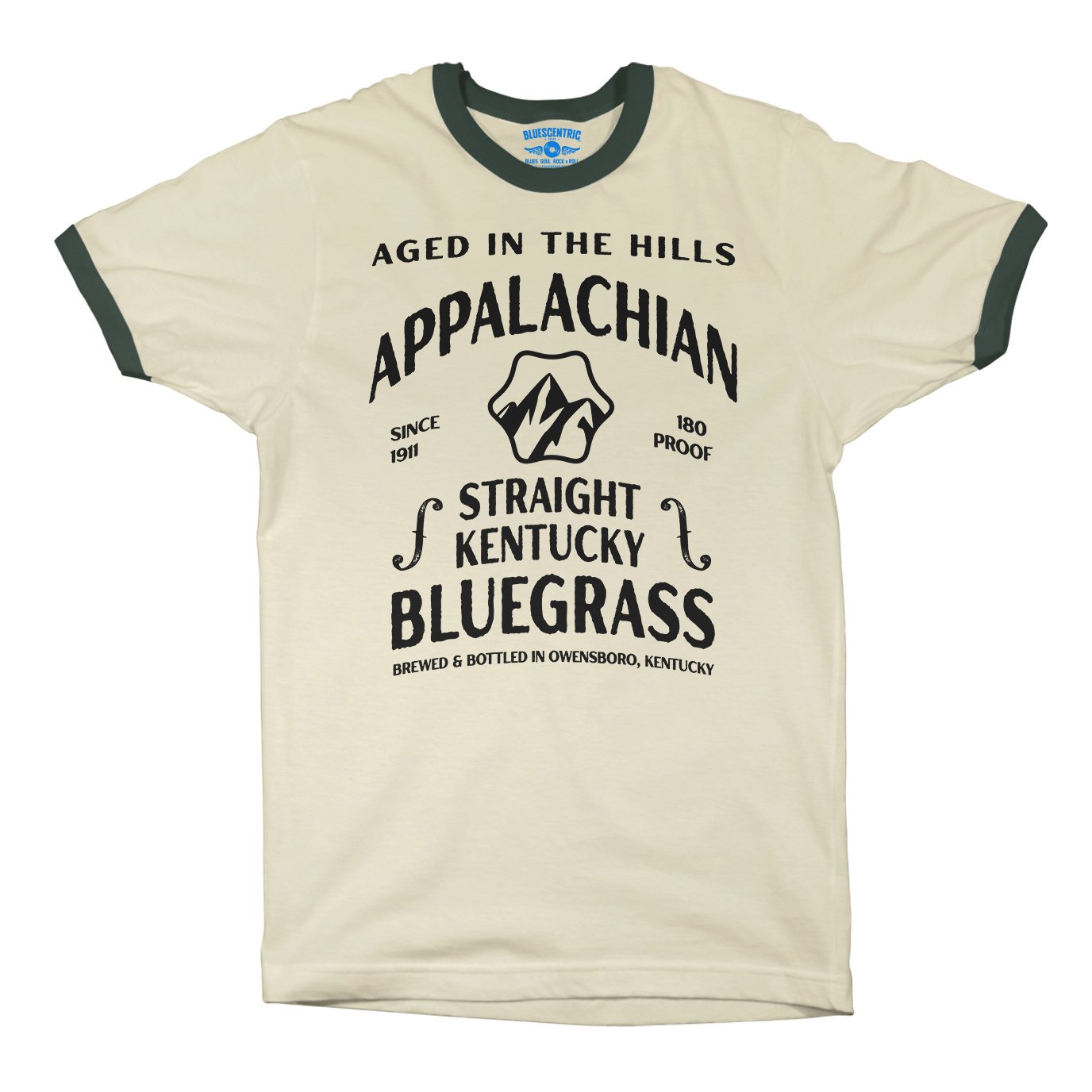 Straight Kentucky Bluegrass Moonshine Ringer T-Shirt - Natural Forest Green, XS