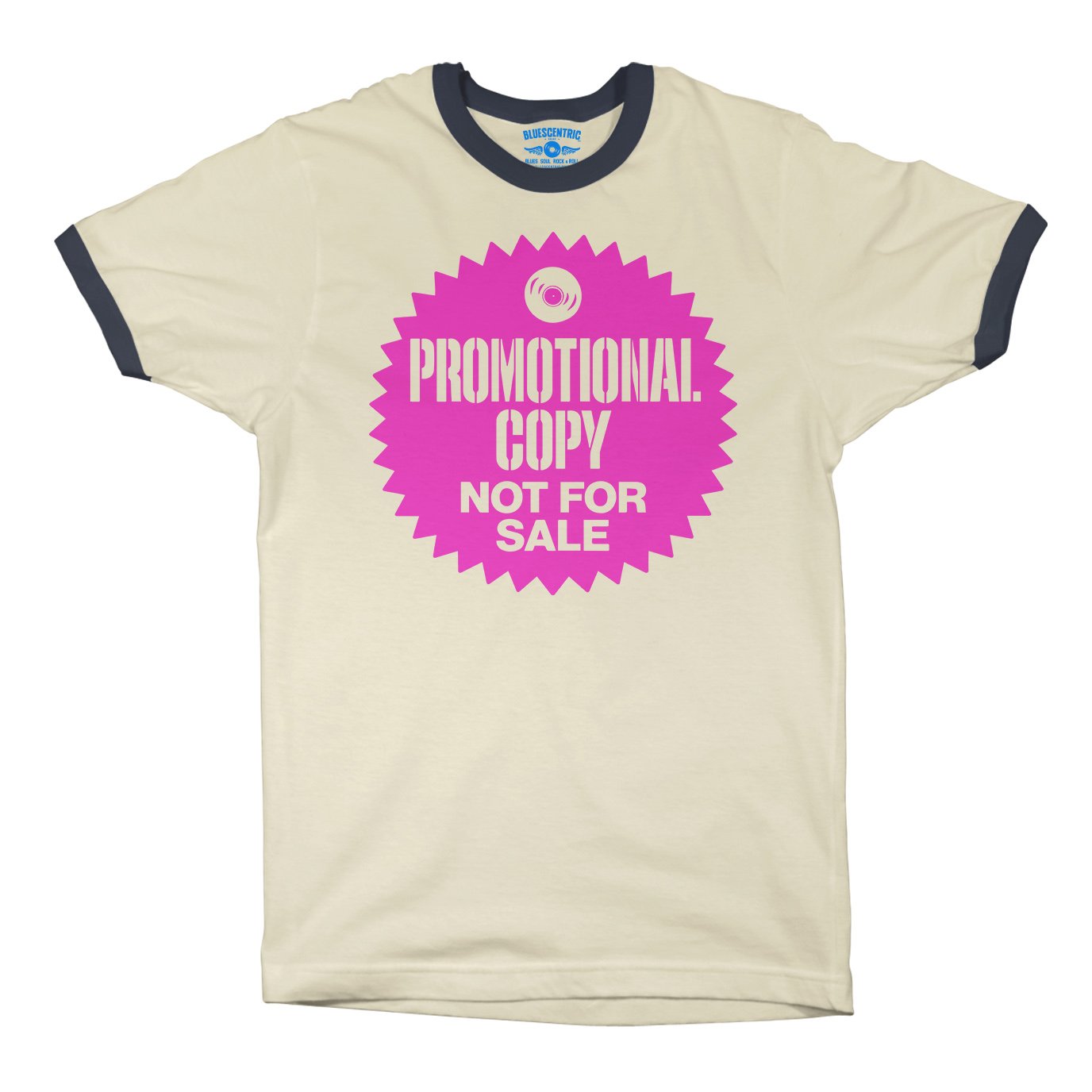 Vinyl Record Promo Sticker Ringer T-Shirt - Natural Midnight Navy, XS