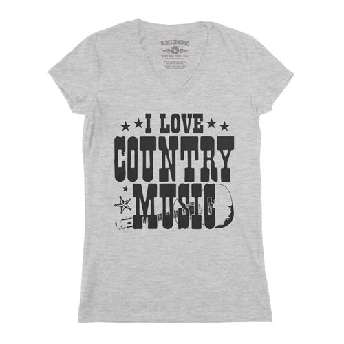B&W I Love Country Music V-Neck T Shirt - Women's
