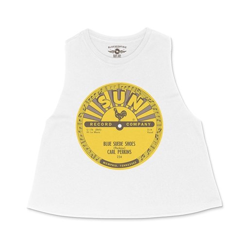 Sun Records Carl Perkins Blue Suede Shoes Racerback Crop Top - Women's