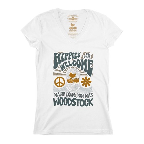 Hippies Welcome Love Woodstock V-Neck T Shirt - Women's