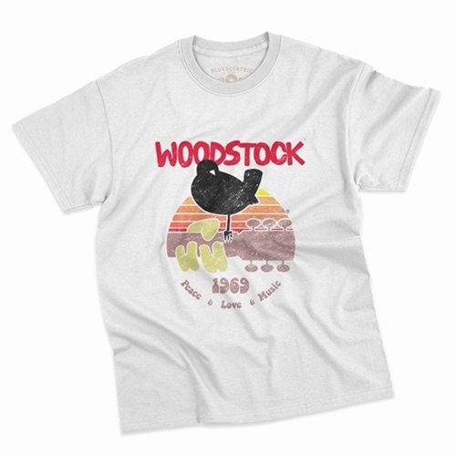 CLEARANCE - XL White Bird & Guitar Woodstock T-Shirt - Classic Heavy Cotton